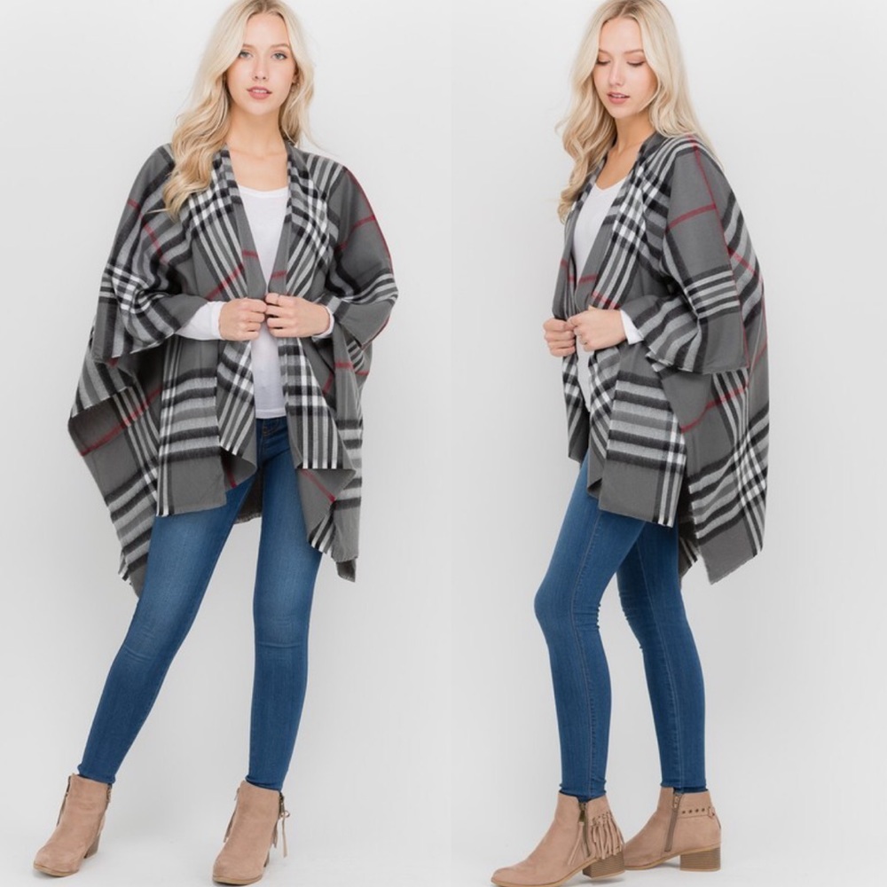 Classic Plaid Poncho Cardigan Scarf Wrap - Picture 8 of 8